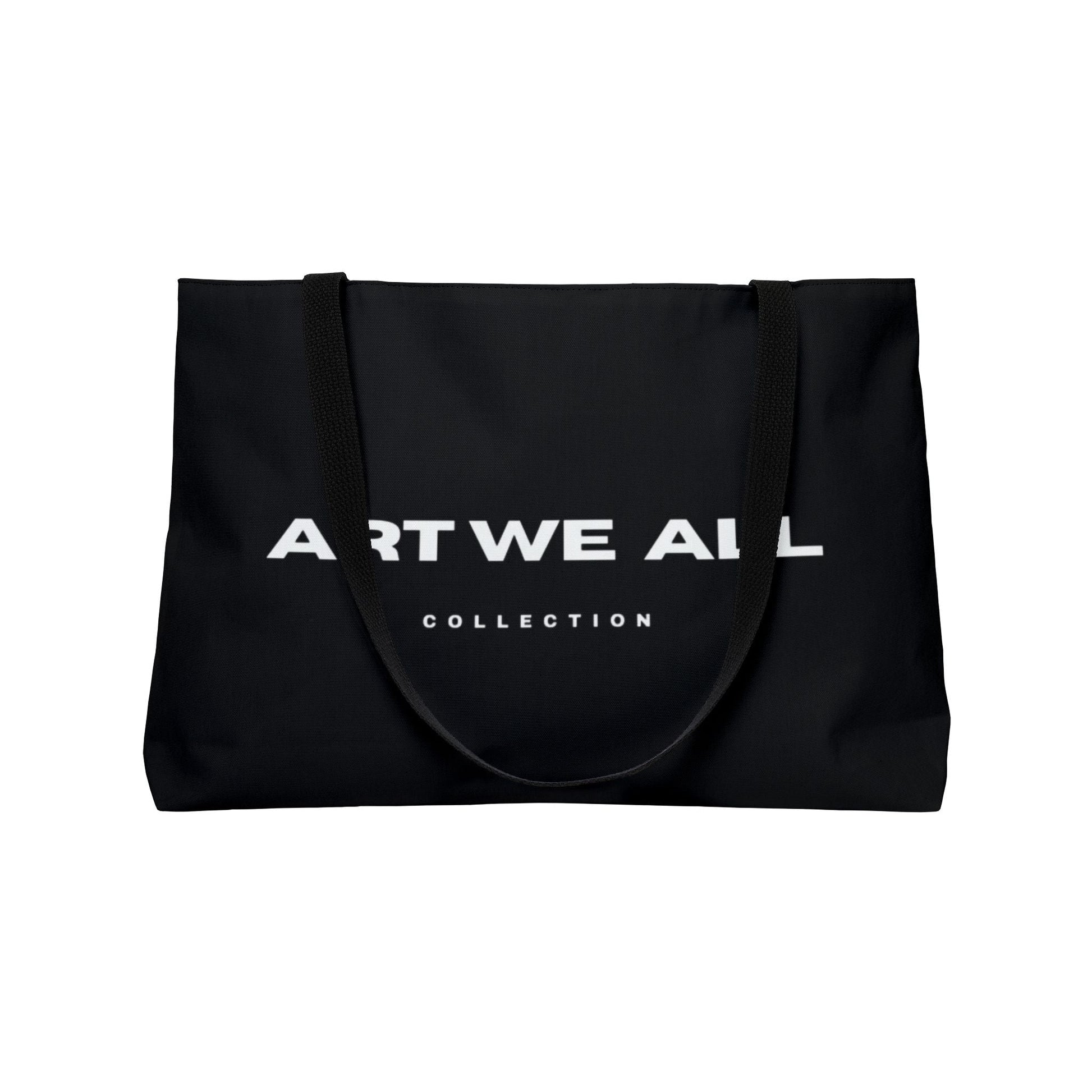 Black ART WE ALL COLLECTION weekender tote bag with black handles and all-over print.