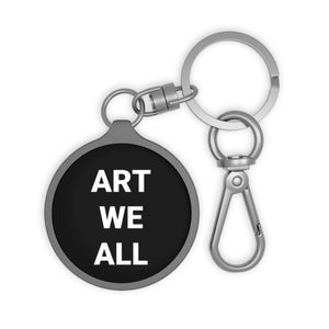 Artistic keyring tag with black round design and white "ART WE ALL" text, metal keyring and clip accessory for art lovers and creatives.