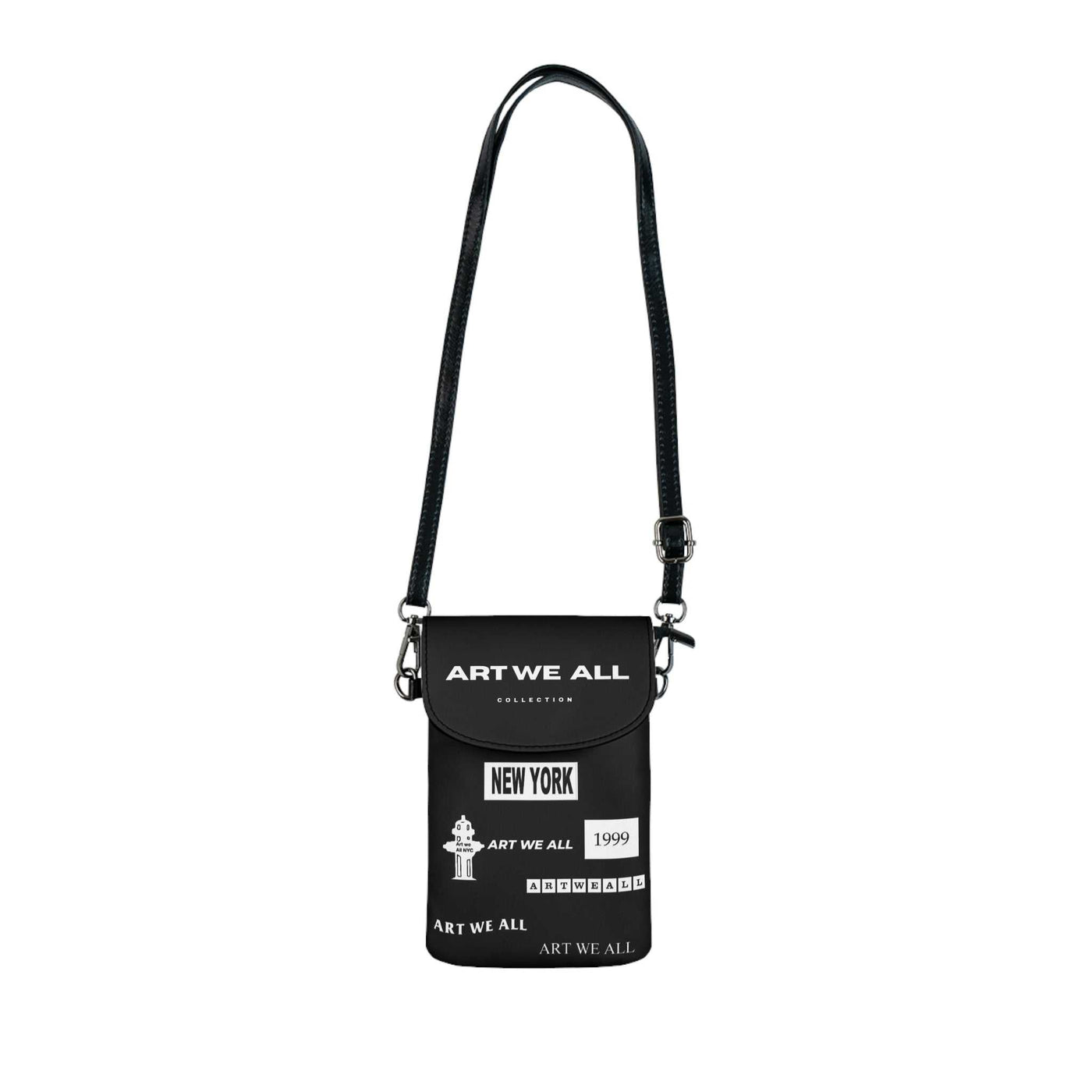 Small black cell phone wallet with adjustable faux leather strap and multiple compartments