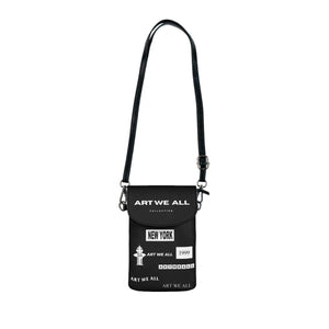 Small black cell phone wallet with adjustable faux leather strap and multiple compartments