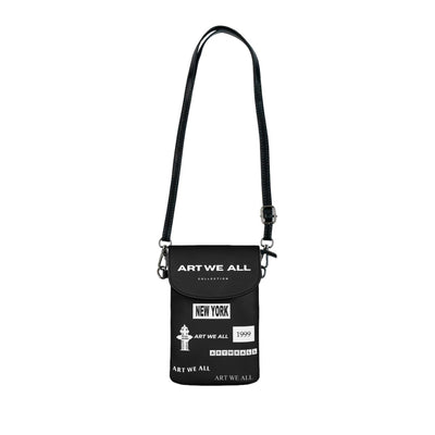 Small black cell phone wallet with adjustable faux leather strap and multiple compartments