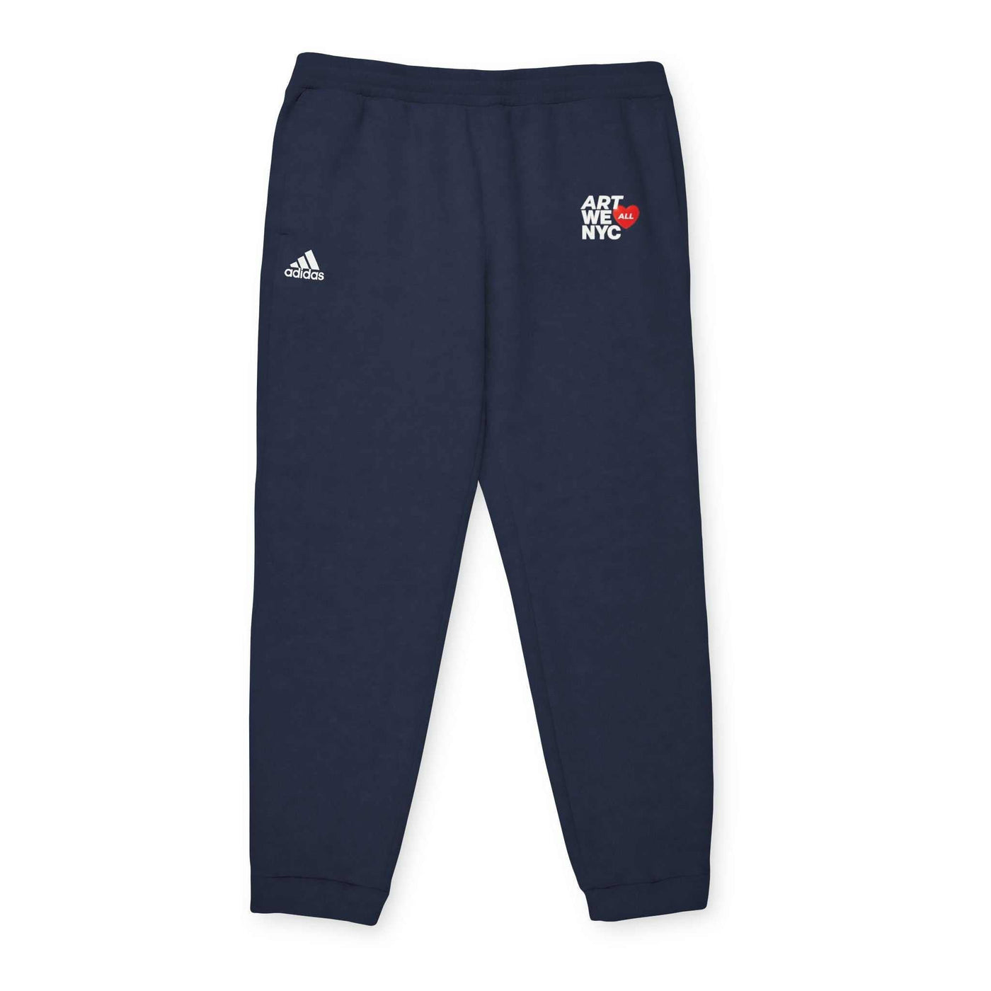 Adidas fleece joggers in navy blue with Art We All NYC logo, elastic waistband, cuffed hem, and side pockets, made from sustainable fabric.