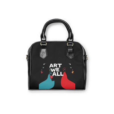 Black vibrant art-inspired shoulder handbag with "ART WE ALL" text and colorful abstract face designs, stylish tote with dual handles.