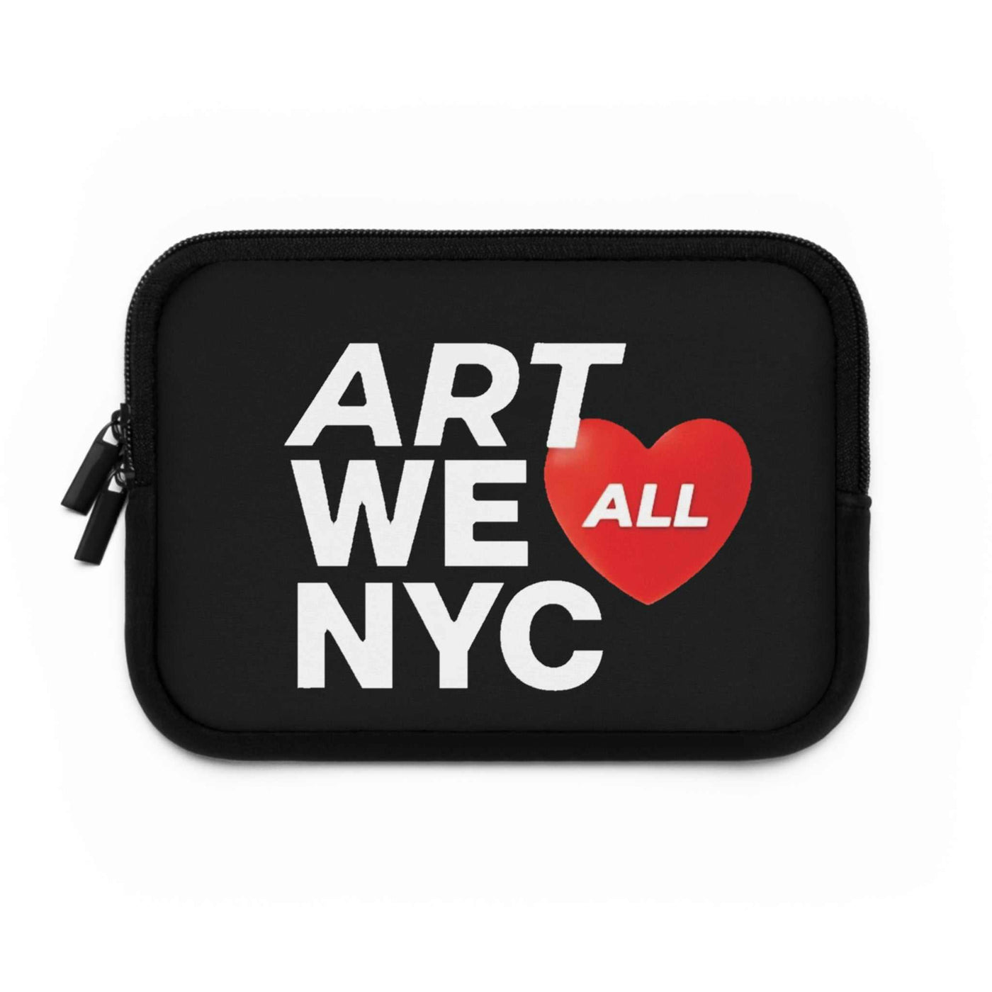 Black neoprene laptop sleeve with ART WE ALL NYC graphic and heart design, dual zipper, shock-absorbing foam padding, water-resistant.