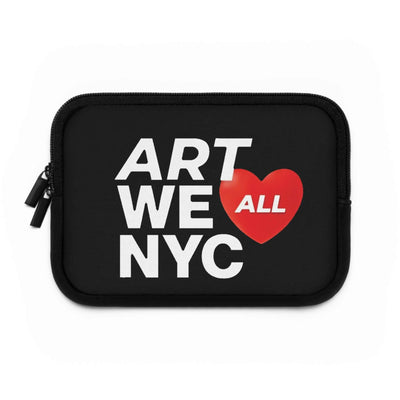 Black neoprene laptop sleeve with ART WE ALL NYC graphic and heart design, dual zipper, shock-absorbing foam padding, water-resistant.