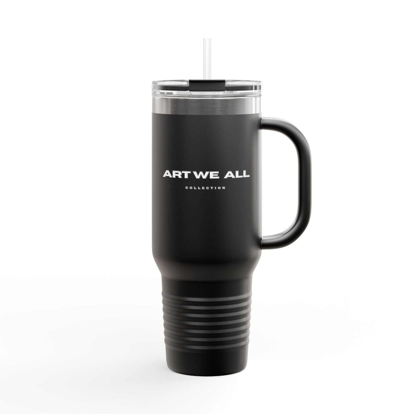 Black insulated travel mug 40oz with handle and clear lid from Art We All Collection