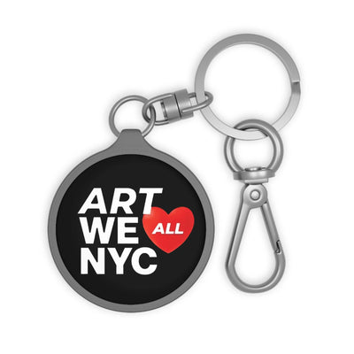 NYC Art Lovers Keyring with "ART WE ALL NYC" text and heart design on black acrylic tag keychain accessory