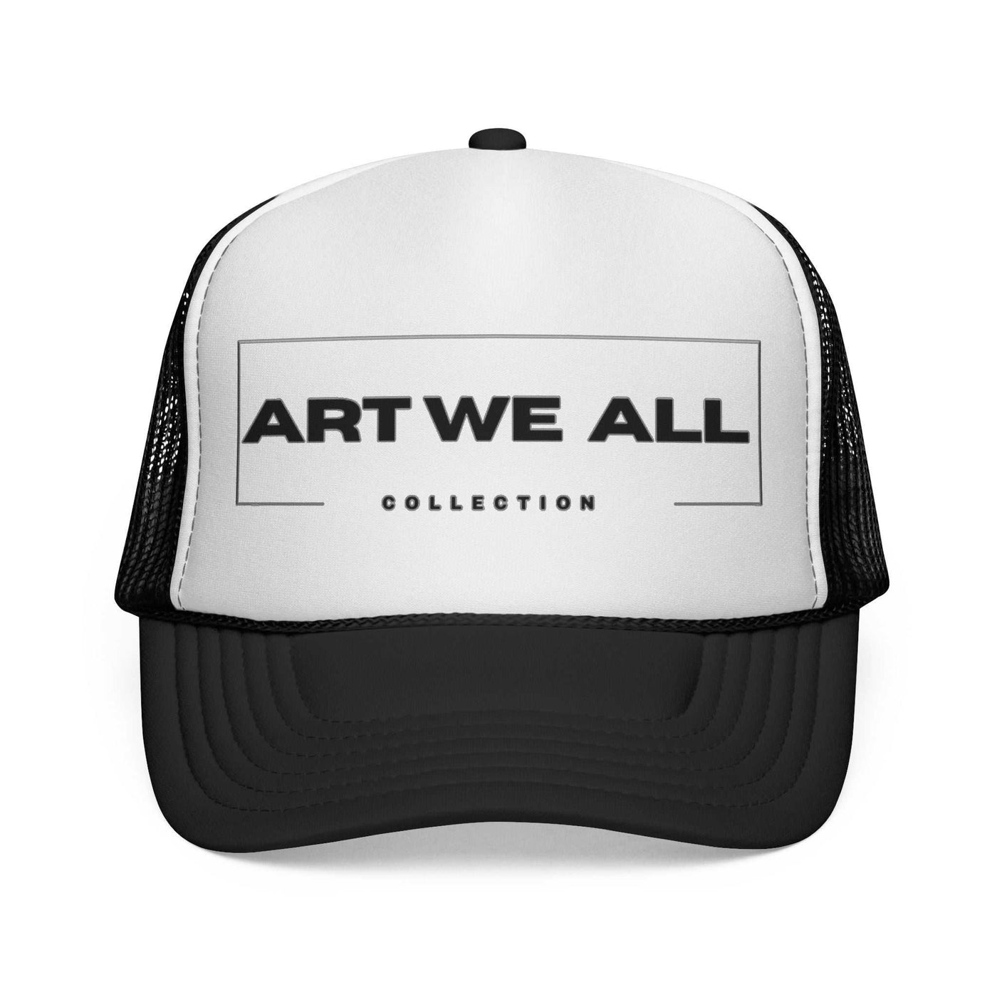 Black and white ART WE ALL trucker cap with polyester front and nylon mesh back, adjustable snap closure, and six-row visor stitching