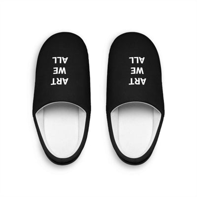 Cozy men's indoor slippers in black with "ART WE ALL" text, soft flannel fleece, and anti-slip sole for home comfort and relaxation.