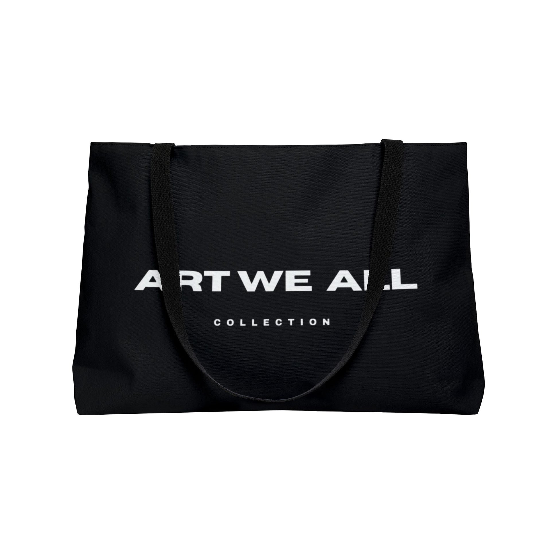 ART WE ALL COLLECTION black weekender tote bag, 24x13 inches, 100% spun polyester with black handles.