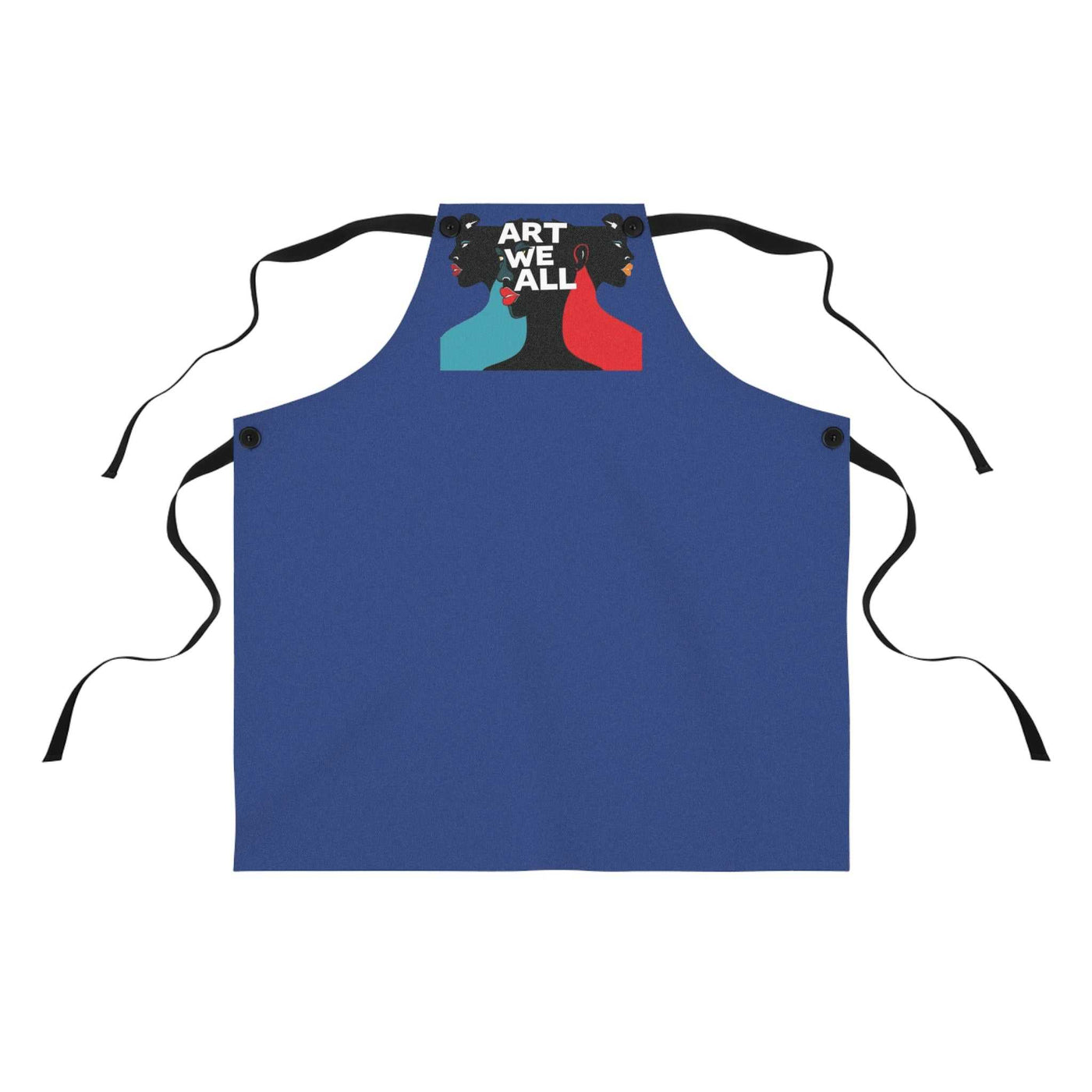 Blue Art Apron with detachable black twill straps and "ART WE ALL" design, made of durable polyester for cooking and crafting