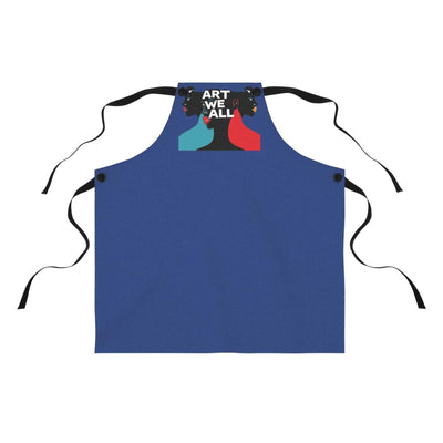 Blue Art Apron with detachable black twill straps and "ART WE ALL" design, made of durable polyester for cooking and crafting
