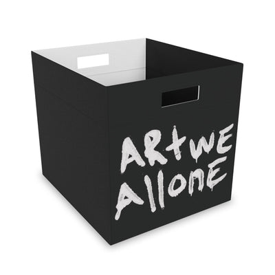 Black felt storage box with white "ART WE ALONE" text, lightweight and durable organizer for art supplies and home decor