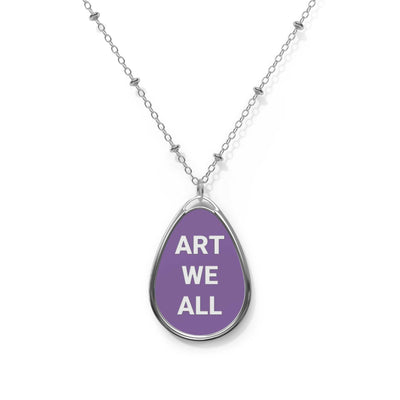 Glossy oval necklace pendant with "ART WE ALL" text on purple background and silver chain