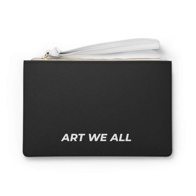 Black Art We All Clutch Bag with white wrist strap and gold zipper, minimalist design with Saffiano pattern finish