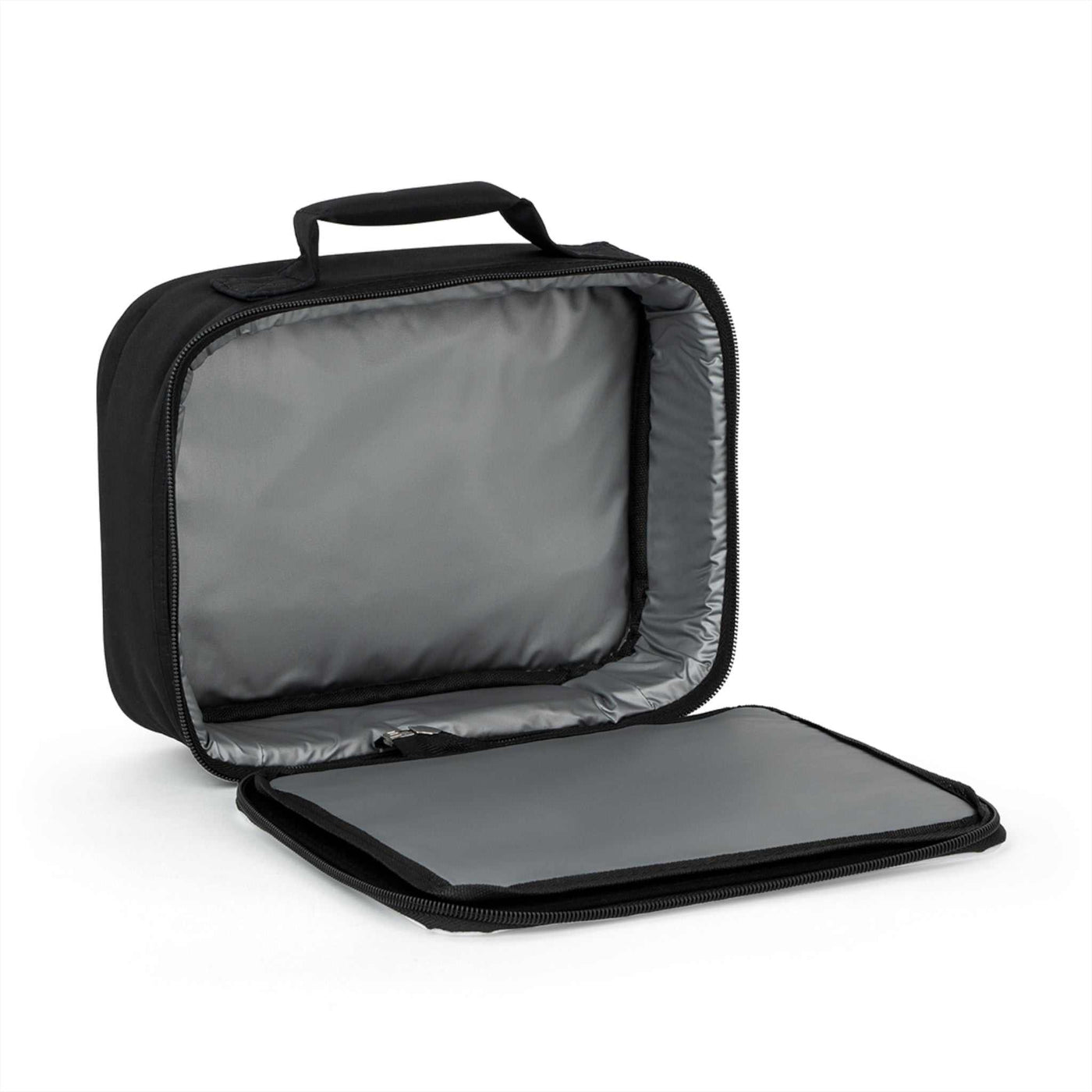 Open black insulated lunch bag with zipper and carrying handle, fully lined interior, compact 9.5x7x2.8 inch size, designed for on-the-go meals, ❤️ NYC Lunch Bag.