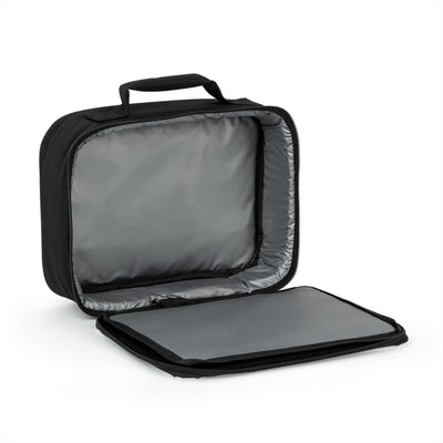 Open black insulated lunch bag with zipper and carrying handle, fully lined interior, compact 9.5x7x2.8 inch size, designed for on-the-go meals, ❤️ NYC Lunch Bag.