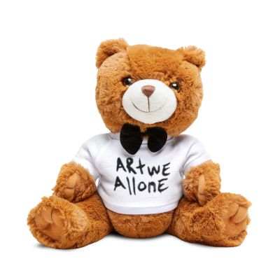 Soft light brown artistic teddy bear wearing a removable white t-shirt with black bow tie, perfect gift for kids and art lovers
