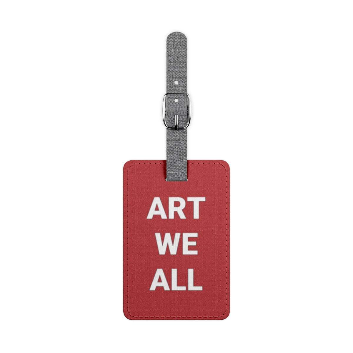 Red Saffiano polyester luggage tag with gray canvas strap and "ART WE ALL" text design.