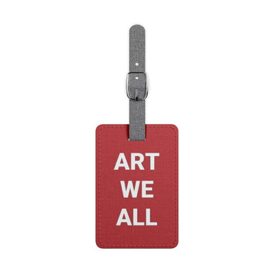 Red Saffiano polyester luggage tag with gray canvas strap and "ART WE ALL" text design.