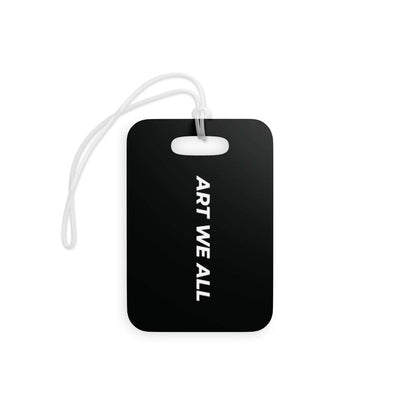 Stylish black rectangular luggage tag with "ART WE ALL" text and clear acrylic tie for travel lovers